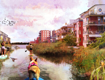 artists impression van nieuwbouwwoningen in de amsterdam-bay-area-ontwikkelstrategie met een hond op een sup